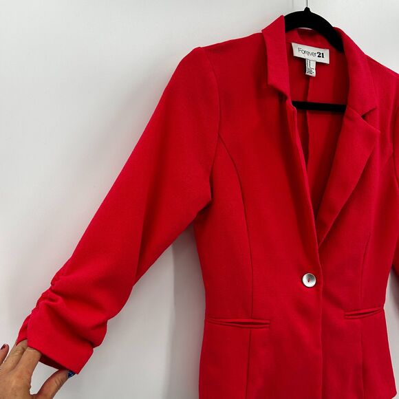 FOREVER 21 Salmon Pink 3/4 Ruched Sleeve Single Button Blazer Jacket Size Medium - Picture 3 of 5